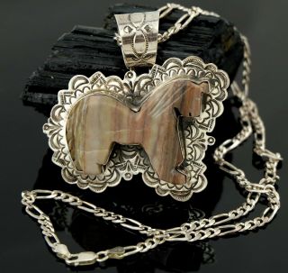 Vtg Sterling Silver Signed Navajo Carved Jasper Large Horse Pendant Necklace