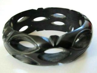 Vintage Black Bakelite Deeply Carved Pierced Bangle Bracelet 2