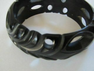 Vintage Black Bakelite Deeply Carved Pierced Bangle Bracelet 3