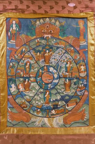 Antique 19th C.  Tibetan Nepal Wheel Of Life Thangka Painting Tapestry Lord Yama