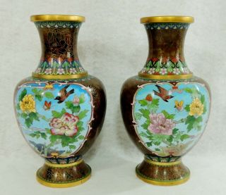 Pair Vintage 9.  5 " Chinese Jingfa Cloisonne Enamel Vases Birds Flowers Butterfly