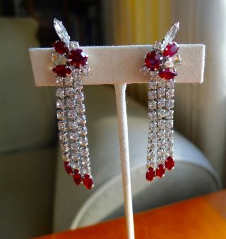 Sparkling Sherman Ruby Red & Clear Rhinestones Dangling Chandelier Earrings