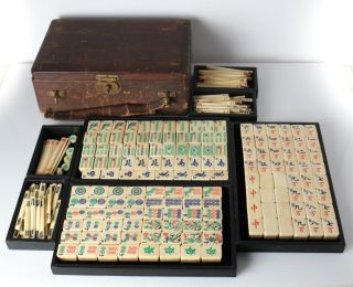 C1920 Bone And Bamboo Mahjong Set,  In Leather Wrapped Case.  G.  T.  Marsh & Co