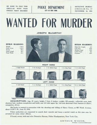 1916 Wanted Poster.  York City Police Wanted For Murder