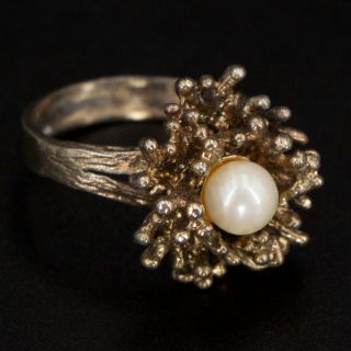 Vtg Sterling Silver - Freeform Brutalist Pearl Abstract Gold Ring Size 9 - 8g