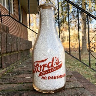 Qt Milk Bottle Ford’s Dairy No Dartmouth Ma Mass Red Pyro Baby On Back