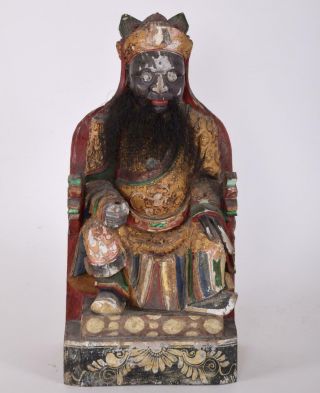 Antique Chinese Lacquered Carved Wood Imperial Figure Seated On Dragon Throne