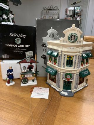 Retired Dept 56 Snow Village Starbucks Coffee & Cart In Boxes