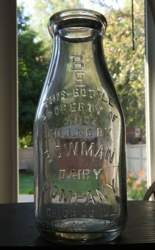 1926 " Bowman Dairy Company " 1 Pint Embossed Glass Milk Bottle Chicago Il Aurora