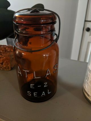 Atlas Amber Quart E - Z Seal Mason Jar Fruit Jar Wire Bale Canning Antique