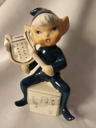 Vintage Napco Bone China Cobalt Blue Pixie With Musical Harp Salt Shaker 4 "