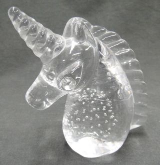 Art Glass Unicorn Head Paperweight With Controlled Bubbles Clear Figurine