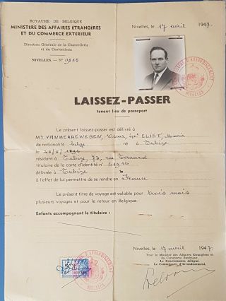 Belgium Passport Laissez - Passer Travel Document W.  Photo And Stamp 1947