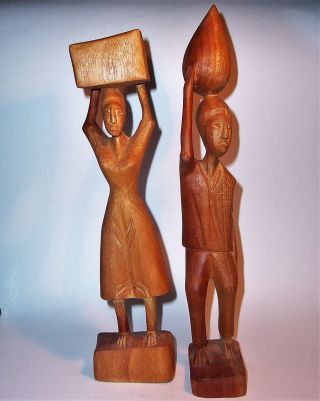 Old Man & Woman African Hand Carved Wood Art Sculpture Statue Figurine Vintage