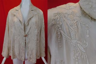 Vintage Antique Chinese Bird Butterfly White Silk Embroidered Piano Shawl Jacket