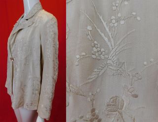Vintage Antique Chinese Bird Butterfly White Silk Embroidered Piano Shawl Jacket 2