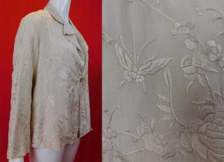 Vintage Antique Chinese Bird Butterfly White Silk Embroidered Piano Shawl Jacket 3