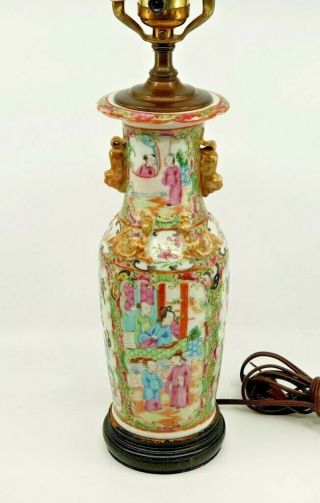 Fine Antique Chinese Rose Medallion Porcelain Vase Lamp With Chilongs & Foo Dogs