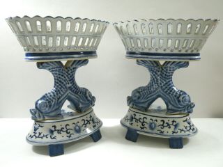 Vintage Chinese Blue & White Reticulated Porcelain Coy Fish Compote Baskets