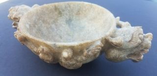 Antique Chinese Carved Jade Hardstone Archaic Bowl Censer Qilin Chilong Dragons