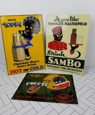 Vintage Tin Signs Picaninny Sambo Topsy Black Americana Set Of 3