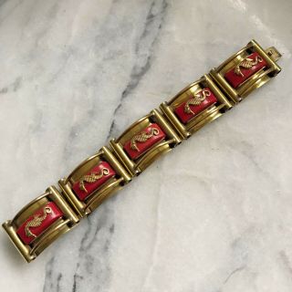 Jean Painleve 1930s French Art Deco Red Galalith & Gilt Seahorse Panel Bracelet
