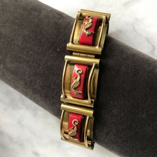 Jean Painleve 1930s French Art Deco red galalith & gilt seahorse panel bracelet 2