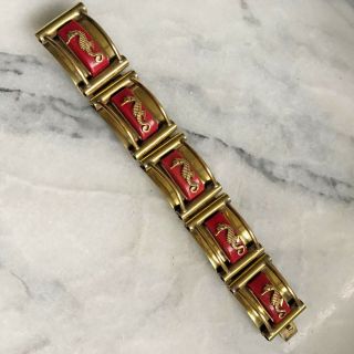 Jean Painleve 1930s French Art Deco red galalith & gilt seahorse panel bracelet 3