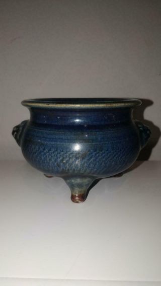 Chinese Porcelain Blue Crackle Glaze Incenser Burner Censer,  Lion Mask Handles