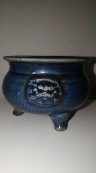 Chinese Porcelain Blue Crackle Glaze Incenser Burner Censer,  Lion Mask Handles 2