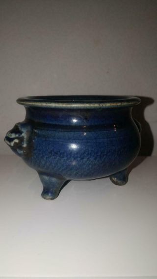 Chinese Porcelain Blue Crackle Glaze Incenser Burner Censer,  Lion Mask Handles 3