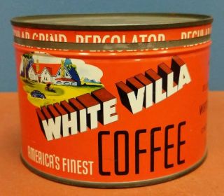 Vtg White Villa Coffee Advertising 1 Lb Keywind Tin - Cincinnati,  Oh