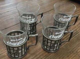 4 Vintage Coca Cola Glasses With Metal Holders AND Metal Serving Tray/display 2