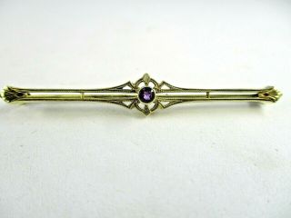 Natural Round Amethyst Open Style 14k Yellow Gold Bar Pin Brooch 2.  25 " Length