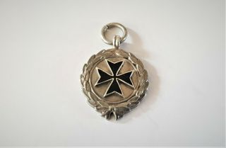 Antique Sterling Silver & Enamel Maltese Cross Pocket Watch Fob Medal