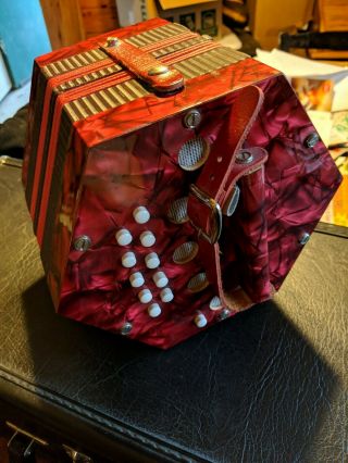 Vtg 20 Button Key Concertina Accordion Italy Papers Squeeze Box Red Pearl