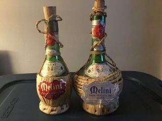 Vintage Set Of 2 Melini Wine Bottles In Wicker Wrap Italian Italy Green