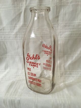 Vintage Quart Milk Bottle Gehl’s Guernsey Farms Dairy Milwaukee Wisconsin 1948