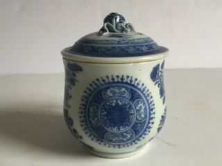 Antique 19th Century Chinese Export Blue White Covered Tea Cup Twisted Handle