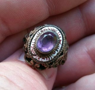 Victorian Austro Hungarian Enameled 800 Sterling Silver Amethyst Ring