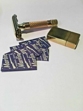 Vintage 1934 Gillette Aristocrat Safety Razor Set Gold With Blade Holder W/ Case