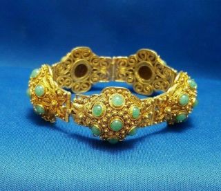 Chinese Sterling Silver Vermeil Filigree Bracelet Set With Jade Cabochons