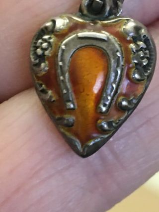 Vintage Sterling Puffy Heart Charm:burnt Orange Enamel On Horseshoe