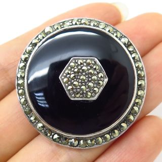 Vtg 925 Sterling Silver Black Onyx & Marcasite Gem Large Round Pin Brooch