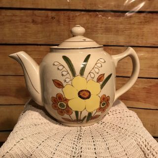Teapot Ceramic Vintage Japan Tan Flowers Yellow White Lily Of The Valley
