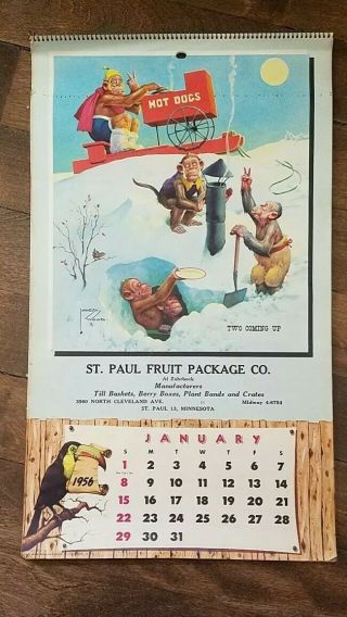 1956 St Paul Wall Calendar Chimpanzee Cartoons By Lawson Wood,  No Writing
