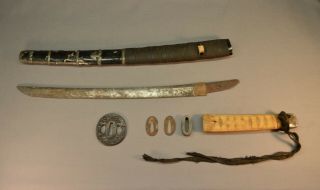 Antique Mid 18th C.  Japanese Wakizashi Samurai Sword W/ Signed Tsuba Edo Period
