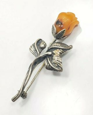 Vintage Mid Century Sterling Silver 925 Amber Flower Pin Brooch