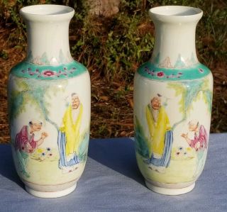 Antique Chinese Famille Rose Porcelain Vases With Figures Good Pair Marked