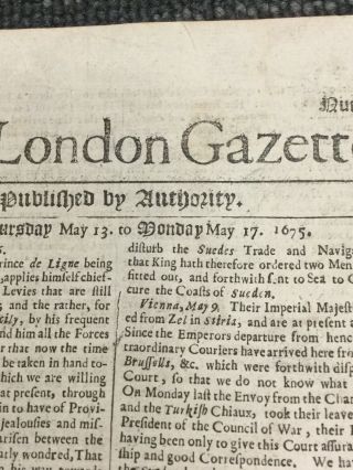 Early 1675 London Gazette Newspaper - 344 Years Old - England - 17th Century